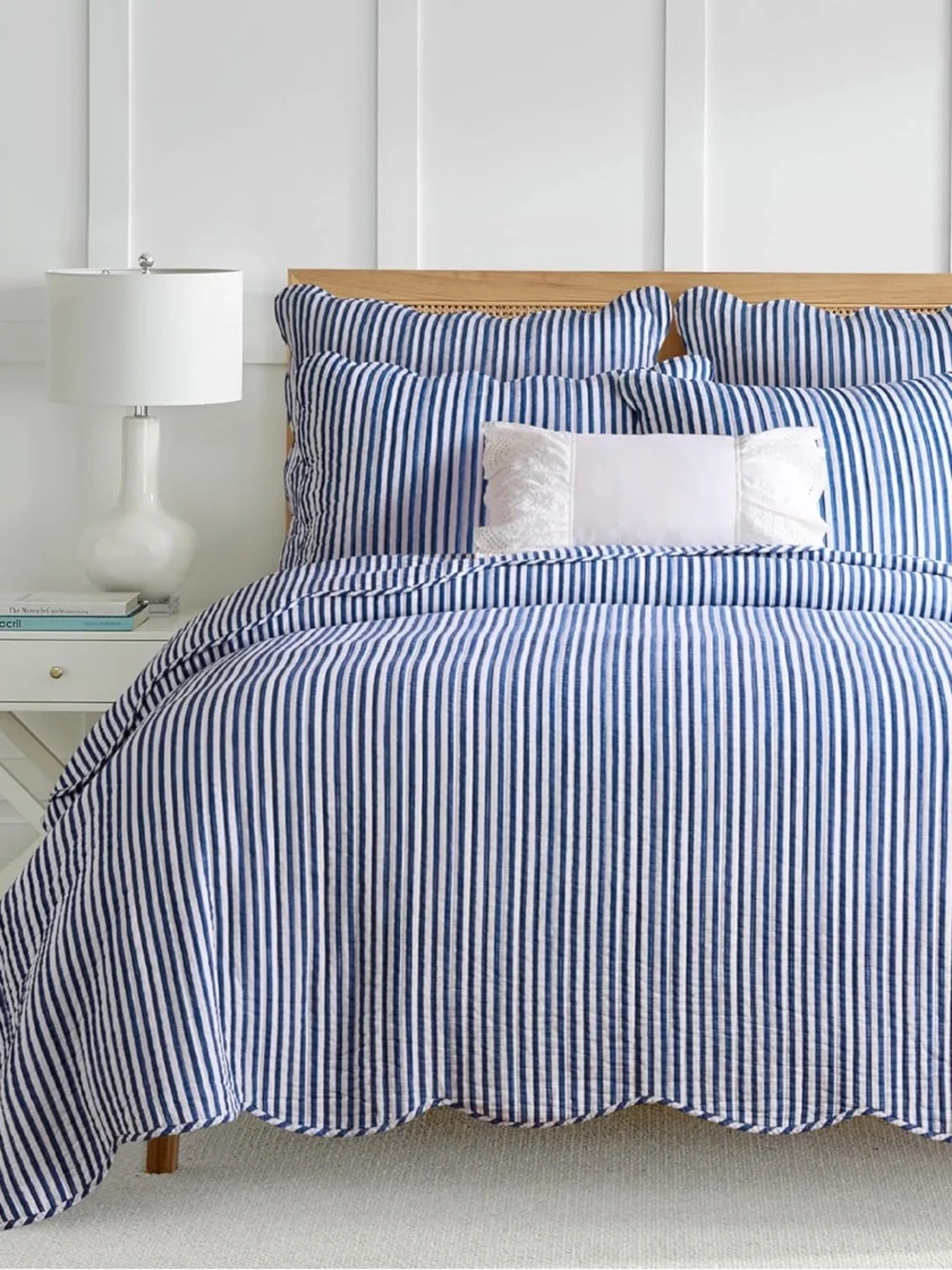 🆕 PB Style Navy Blue White Striped Cotton Quilt Coverlet Scalloped Trim Set NWT